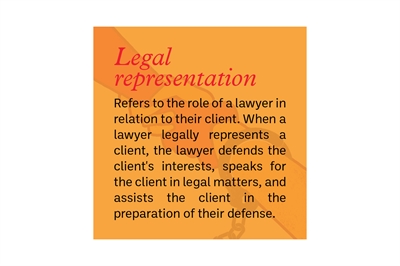 [ai] A text box with a light orange background titled 'Legal representation.' It describes the role of a lawyer in defending a client's interests, speaking for them in legal matters, and assisting in defense preparation.